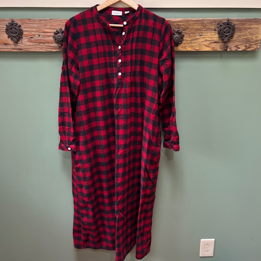 LL Bean Womens Red Black Buffalo Check Flannel Nightgown Sleep Dress Small Reg